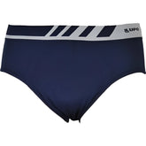 Navy blue lupo seamless microfiber brief underwear with gray and black striped waistband size l front view