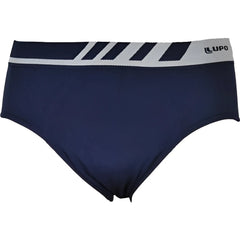 Navy blue lupo seamless microfiber brief underwear with gray and black striped waistband size l front view