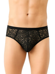 Luxury lace brief black lace briefs with leopard print pattern showcasing the front design for elegant wear