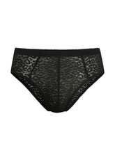 Black leopard-print lace briefs with solid black waistband luxury lace brief front view