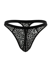 Black leopard-print luxury lace thong with sheer mesh texture and reinforced elastic waistband shown from the back
