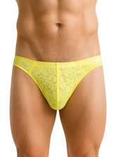Bright yellow luxury lace thong featuring intricate floral patterns and sheer delicate fabric for elegant wear