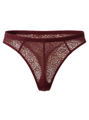 Luxury lace thong in maroon with delicate floral lace pattern and seamless construction for comfortable wear