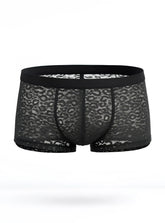 Black lace boxer briefs with subtle leopard print pattern from the luxury lace trunk collection