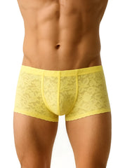Yellow lace men’s briefs luxury lace trunk with floral pattern and elastic waistband