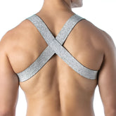 Silver glittery cross-back strap magic h harness showing back side with shimmering design and adjustable fit