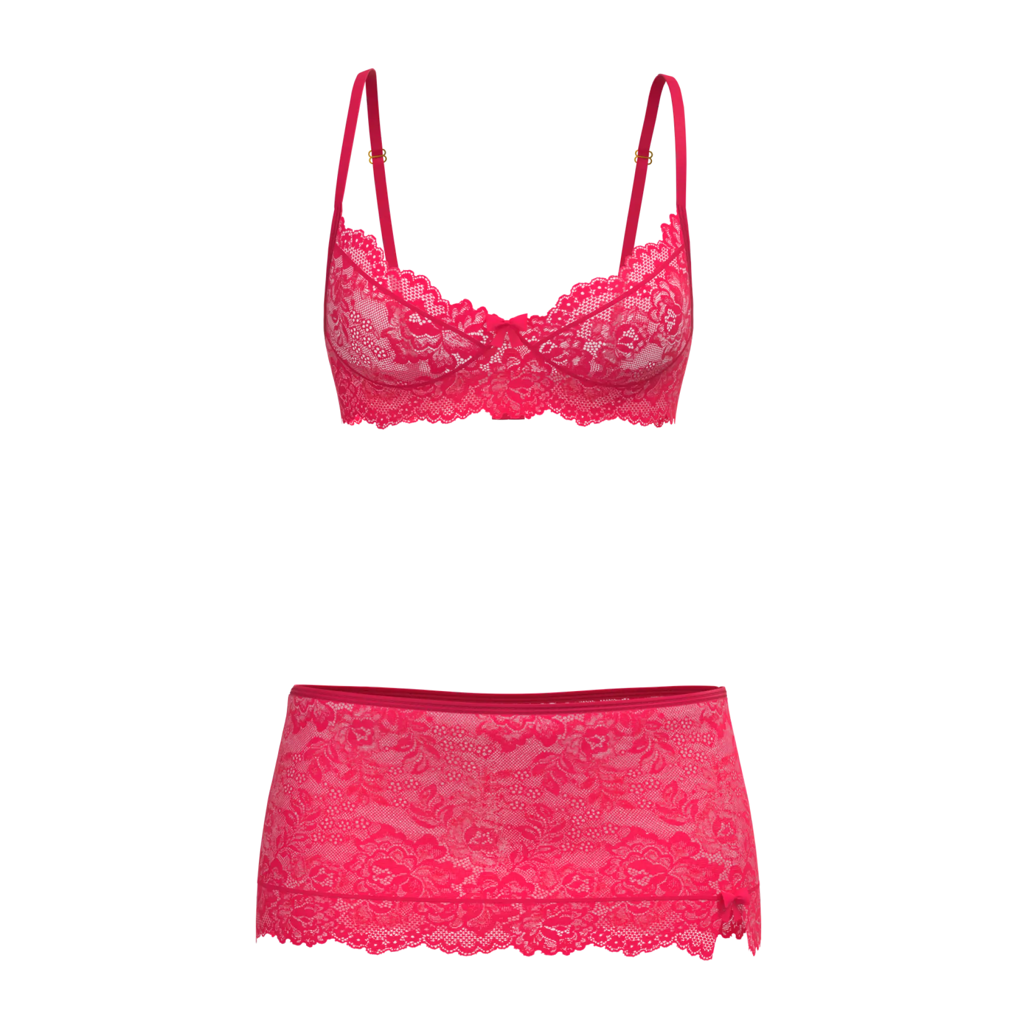 Fuchsia lace magic silk bra skirt and thong set featuring delicate lace material and elegant design
