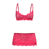 Fuchsia lace magic silk bra skirt and thong set featuring delicate lace material and elegant design