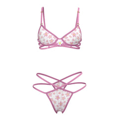 Pink floral-patterned magic silk bra and thong set with delicate straps and central white flower accent