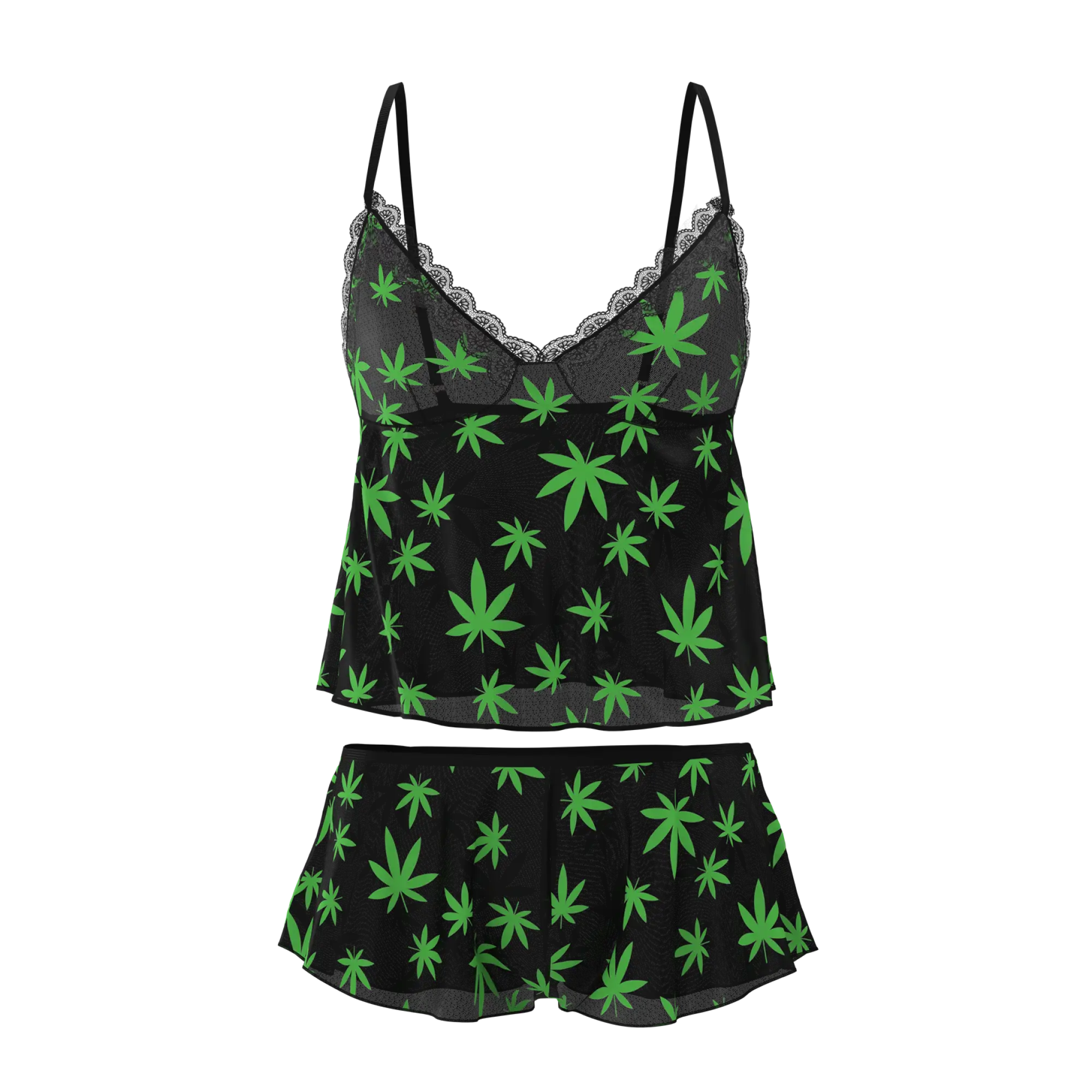 Black satin camisole with neon green cannabis leaf print and lace trim from magic silk cami and short set