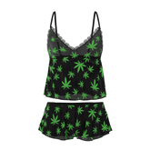Black satin camisole with neon green cannabis leaf print and lace trim from magic silk cami and short set