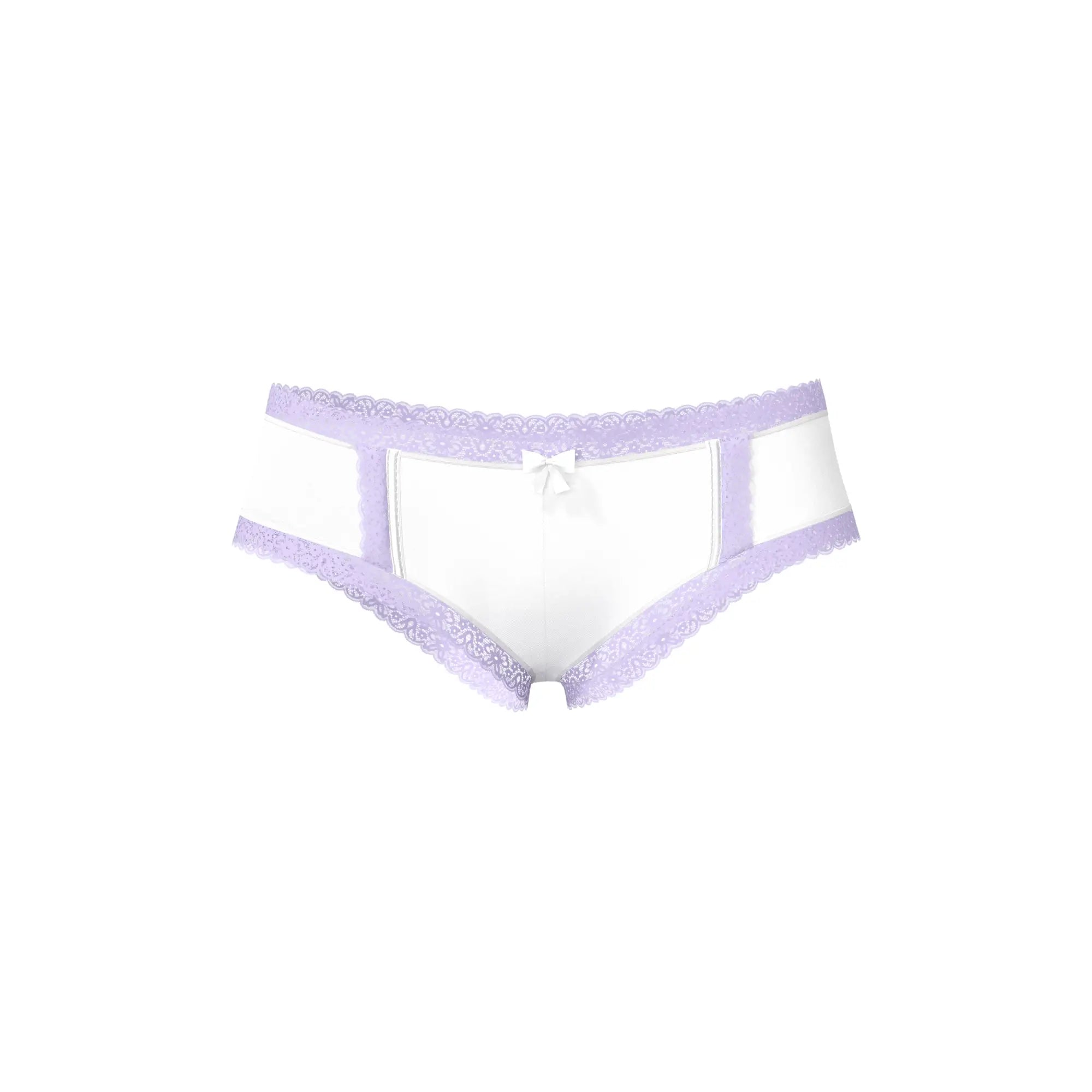 Magic silk cheeky hipster boy short white briefs with delicate lavender lace trim and a small white bow at center front
