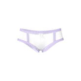 Magic silk cheeky hipster boy short white briefs with delicate lavender lace trim and a small white bow at center front