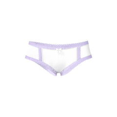 Magic silk cheeky hipster boy short white briefs with delicate lavender lace trim and a small white bow at center front