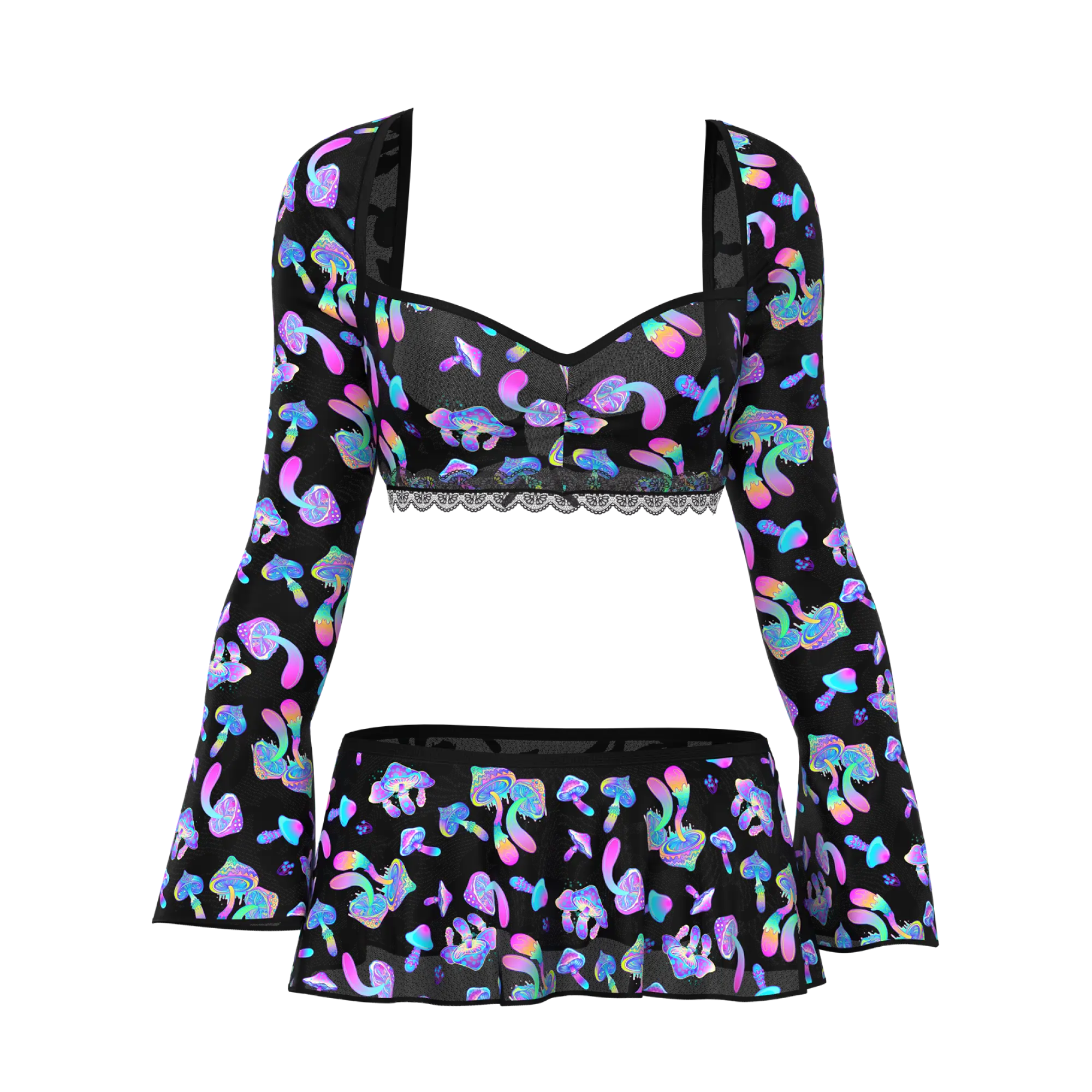 Black magic silk crop top and flared skirt set with long sleeves and iridescent pink blue purple mushroom prints