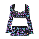 Black magic silk crop top and flared skirt set with long sleeves and iridescent pink blue purple mushroom prints