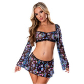 Magic silk sheer black two-piece lingerie set with long bell sleeves and iridescent floral pattern in purple blue and pink