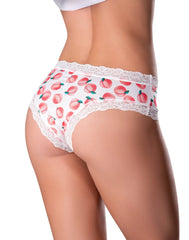 Magic Silk crotchless boy short underwear in white peach pattern with delicate lace trim and lube included