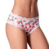Magic silk crotchless boy short underwear in white peach pattern with lace trim and small pink bow for intimate wear
