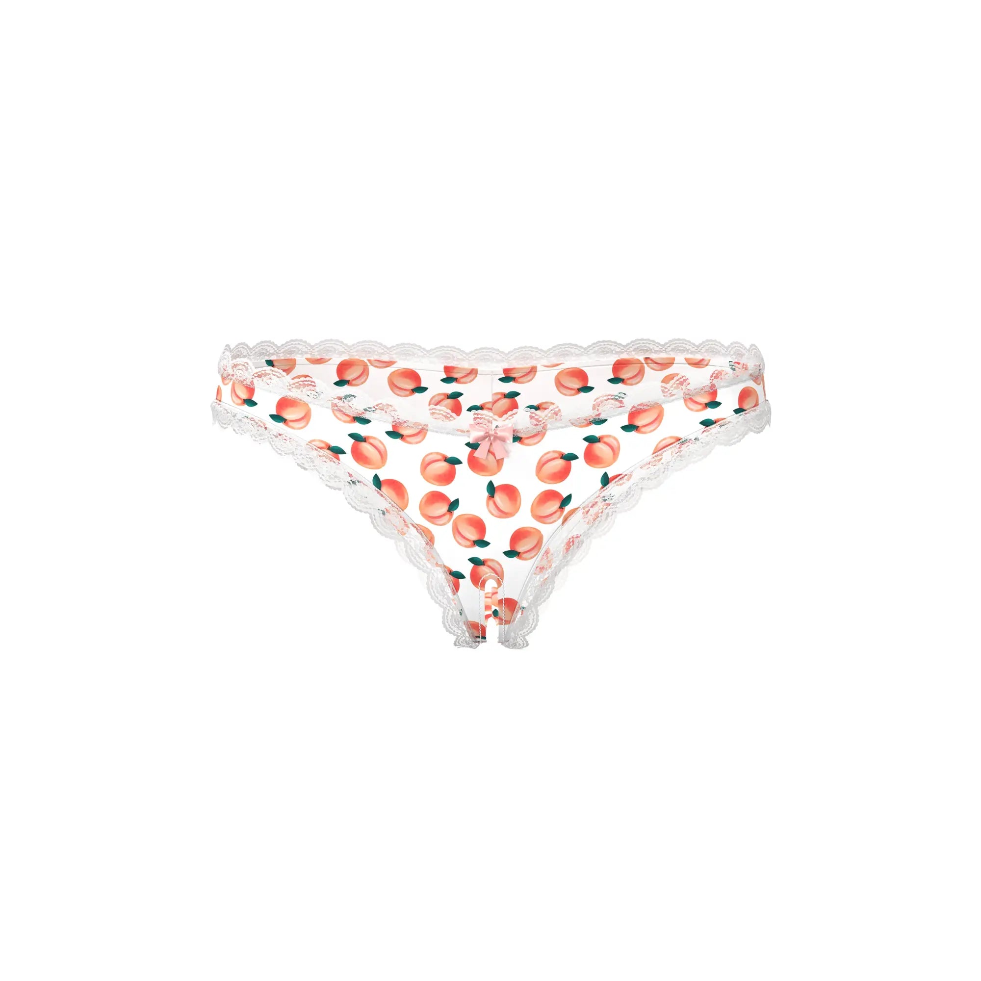 White peach-print magic silk crotchless boy short thong with delicate scalloped lace trim and included lube