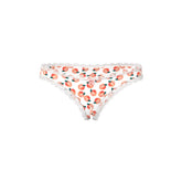 White peach-print magic silk crotchless boy short thong with delicate scalloped lace trim and included lube