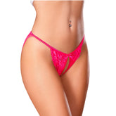 Bright pink lace crotchless micro tanga with cutout design by magic silk shown from the back side