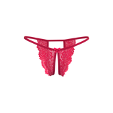 A vibrant fuchsia magic silk crotchless micro tanga thong with lace floral pattern and a delicate center bow