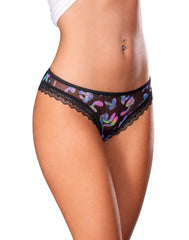 Black sheer lace-trimmed crotchless panty with open back featuring a vibrant iridescent butterfly pattern