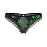 Magic silk crotchless panty black triangular bikini bottom with green cannabis leaf print lace trim back side view