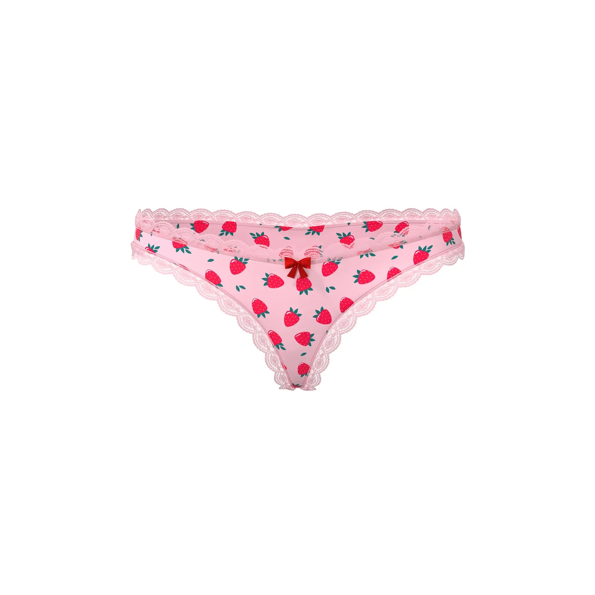 Pink strawberry-patterned Magic Silk crotchless thong with lace trim and small red bow shown from the back side