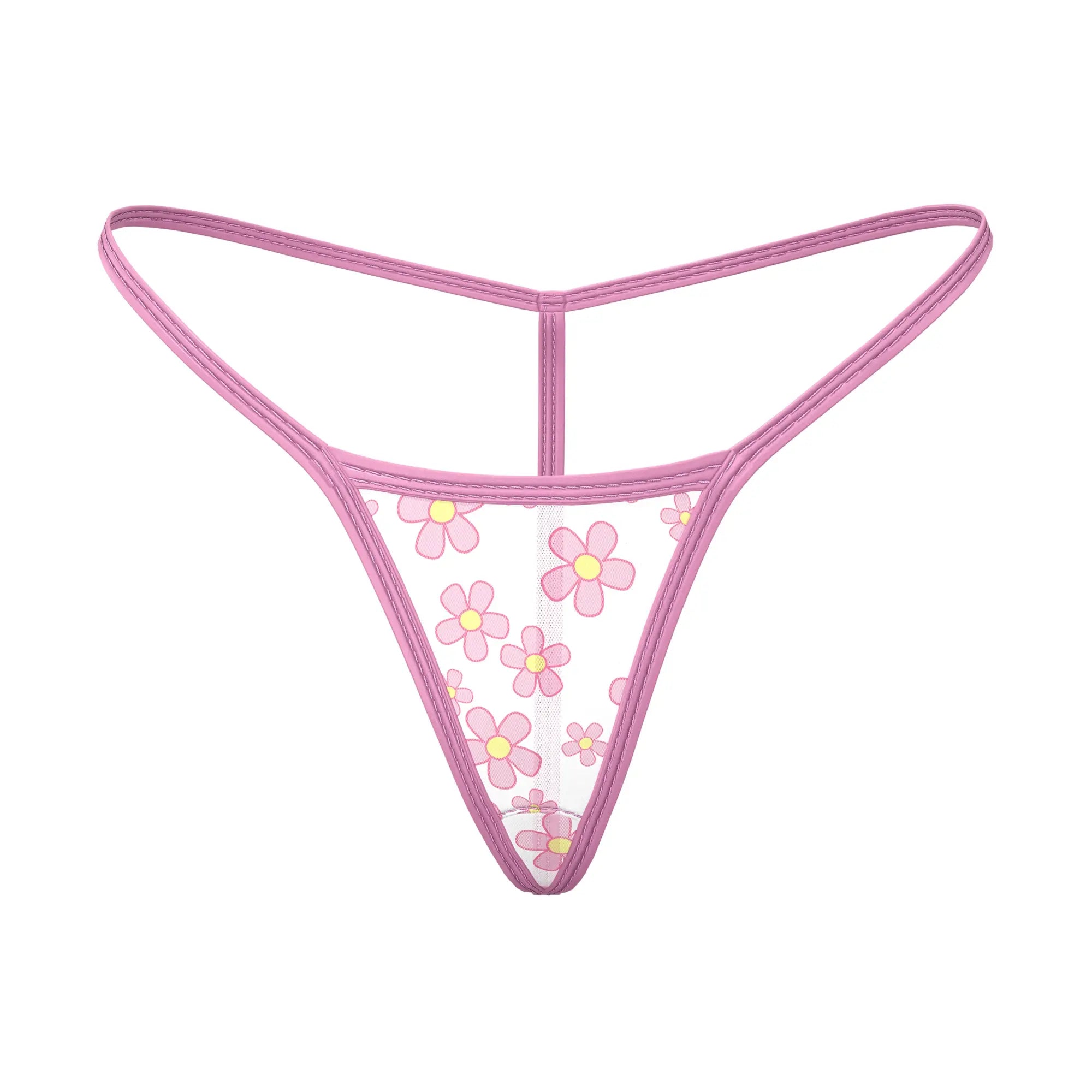 Pink floral Magic Silk Daisy tanga thong with sheer mesh fabric and matching pink trim, front view