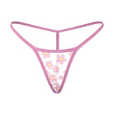 Pink floral Magic Silk Daisy tanga thong with sheer mesh fabric and matching pink trim, front view