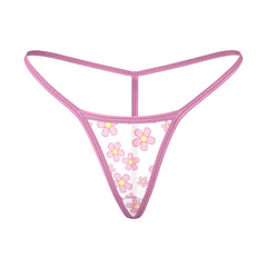 Pink floral Magic Silk Daisy tanga thong with sheer mesh fabric and matching pink trim, front view