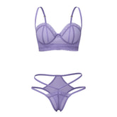 Lavender Magic Silk demi bra and high cut tanga lingerie set with sheer lace, scalloped edges, and crisscross straps