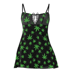 Black sleeveless magic silk dress with vibrant green marijuana leaf pattern and matching g-string set