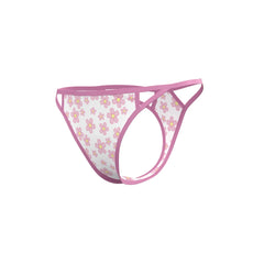 Pink floral-patterned thong with sheer transparent fabric and matching trim from magic silk dress and tanga set