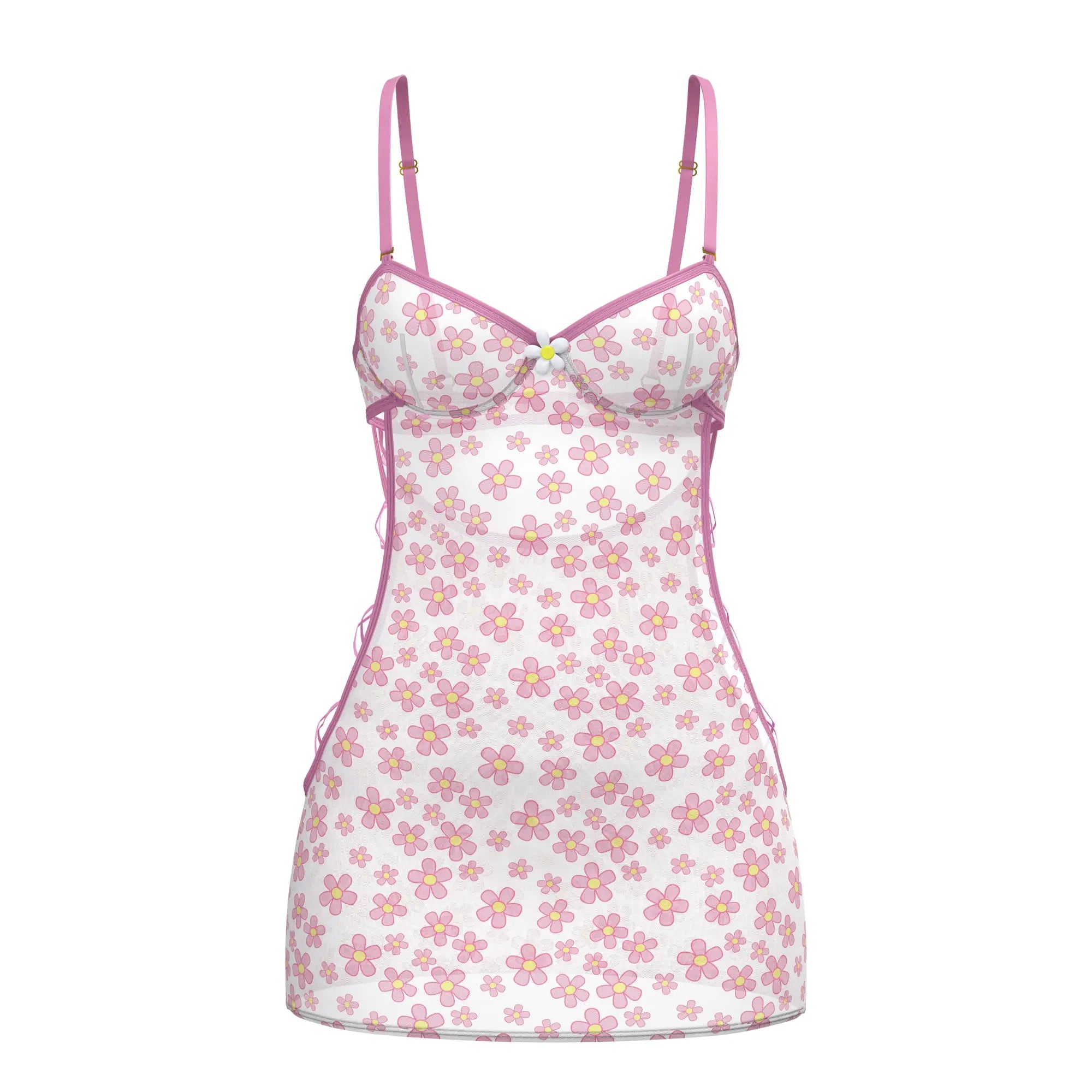 White floral silk camisole dress with pink and yellow flowers thin pink straps and ruffled hem from magic silk set