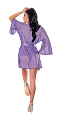 Lavender sheer magic silk flutter sleeve robe with bell sleeves and matching satin belt for elegant lounging