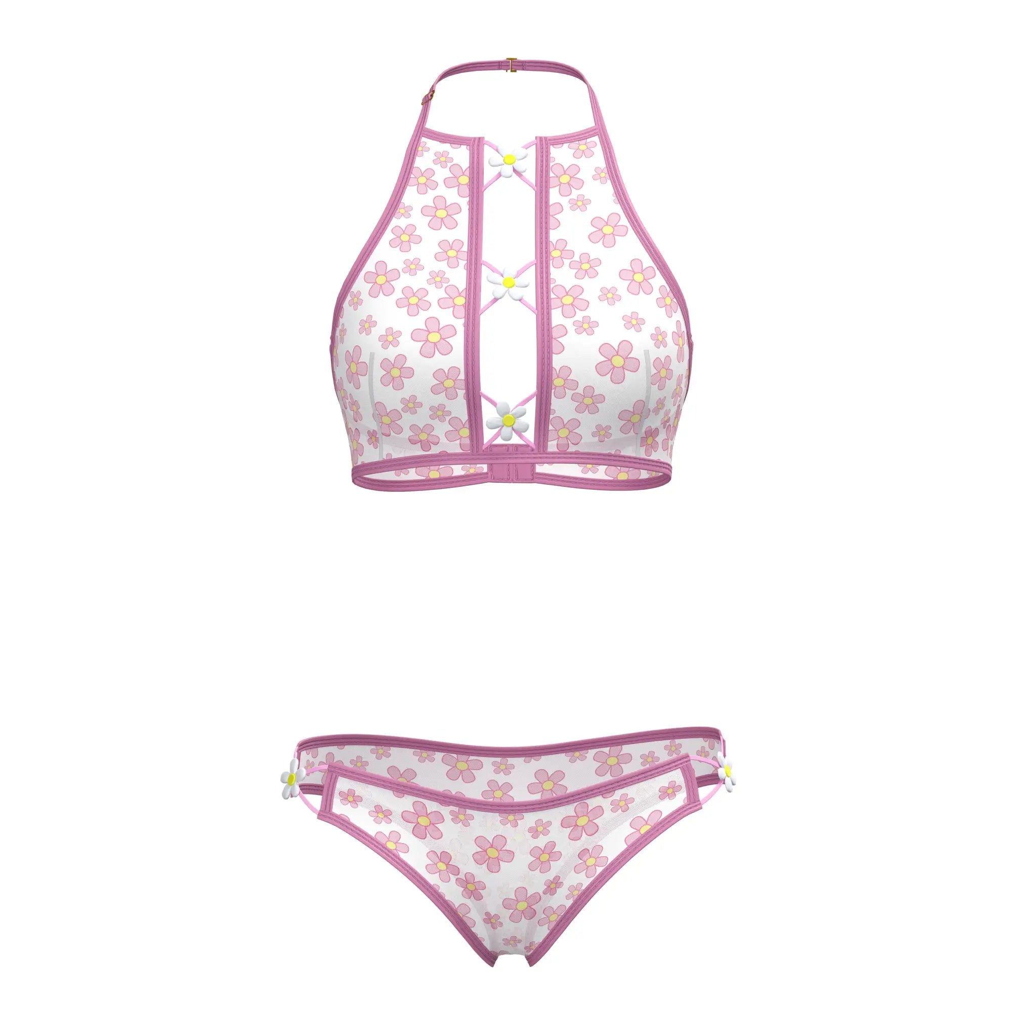 Pink and white floral magic silk halter bralette and panty set with matching bottoms for stylish swimwear