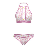 Pink and white floral magic silk halter bralette and panty set with matching bottoms for stylish swimwear
