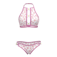 Pink and white floral magic silk halter bralette and panty set with matching bottoms for stylish swimwear