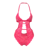 A vibrant fuchsia lace halter teddy with intricate floral patterns and cut out design magic silk halter teddy w snap crotch