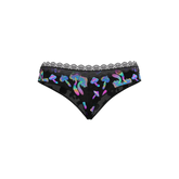 Black lace-trimmed magic silk hazy dayz boy short with iridescent rainbow mushroom patterns on the back side