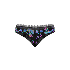 Black lace-trimmed magic silk hazy dayz boy short with iridescent rainbow mushroom patterns on the back side