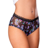 Black sheer briefs magic silk hazy dayz boy short with vibrant iridescent mushroom pattern and delicate black lace trim