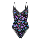 Black one-piece swimsuit with iridescent mushroom pattern and lace trim from magic silk hazy dayz teddy collection