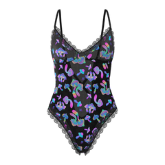 Black one-piece swimsuit with iridescent mushroom pattern and lace trim from magic silk hazy dayz teddy collection