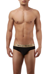 Black magic silk knit lo rise bikini briefs with gold waistband featuring brand name in black lettering size m