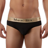 Black magic silk men’s briefs with gold waistband and black brand name in silk knit lo rise bikini style size m
