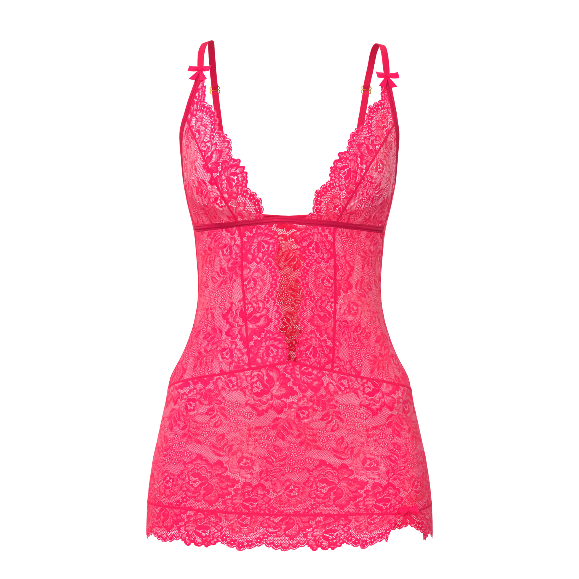 A vibrant pink lace magic silk plunge chemise and g-set with delicate floral patterns and thin shoulder straps